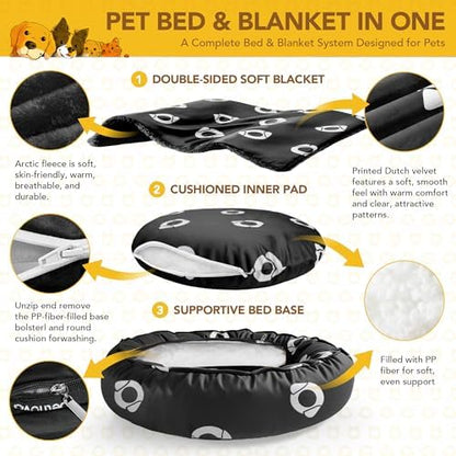 PETNOVO Dog Bed with Reversible Blanket for Cats and Small to Medium Dogs