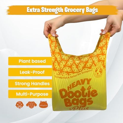 HEAVY Dootie Bags +Plus a Hint of Citrus Scent with EZ Tie Handles. For Pet Dog Poop, Cat Litter. Multi-Use. Fits Swivel Bin and Gogo Stik Scoopers. Made with Cornstarch. Strong, Leakproof, Very Large