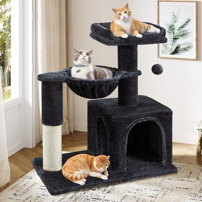 Allewie 29.5in Indoor Cat Tree, Multi-Level Cat Tower with Sisal Scratching Posts, Padded Perch, Basket, Condo, and Hanging Ball, Suitable for Kittens and Adult Felines,Dark Grey