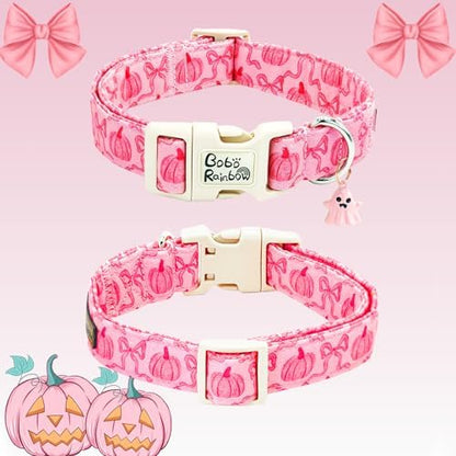 Fall Pink Pumpkin Print Dog Collar Adjustable for Large Dogs