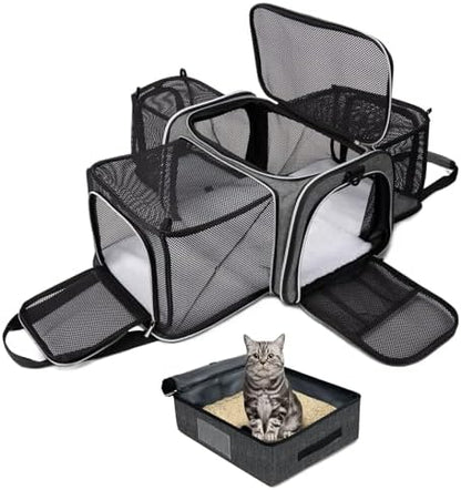 BAGLHER Expandable Cat Carrier with Travel Litter Box, Pet Travel 5 Sides Open Doors 3 Sides, Leak-Proof and Collapsible, for Car, Airplane Trip, Grey