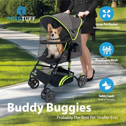 22” Buddy Buggies Foldable Pet Stroller - Shock Absorbing Frame with Storage - Machine Washable Fabric - Durable Mesh & UV Protected Retractable Canopy - Cat & Dog Stroller Up to 30lb