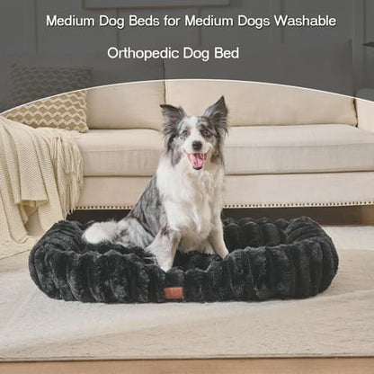 Luxury Dog Beds,Large Sized Dog Washable Furry Pet Beds,Comfort Rectangle Pet Sofa Couch with Ultra,Puppy Beds with Removable Zipper Cover,30x25x7.5inches,Black