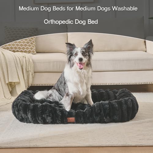 Luxury Dog Beds,Large Sized Dog Washable Furry Pet Beds,Comfort Rectangle Pet Sofa Couch with Ultra,Puppy Beds with Removable Zipper Cover,40x30x7.5inches,Black