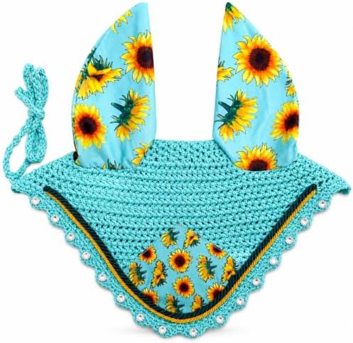 Horse Ear Bonnet for Horses, Sunflower Print Fly Bonnet with Crystal Edge, Handmade Crochet Fly Veil, Breathable Stretch Ears (Mint- Sunflower, Horse/Full)