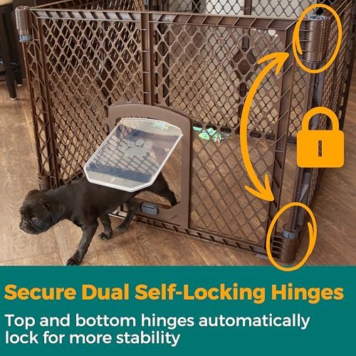 MyPet North States Petyard Passage: 4-Panel Folding Dog Playpen Indoor or Outdoor. 7 sq. ft. Puppy Playpen, Lockable Pet Door. Freestanding Play Pen Dog Gate. Made in USA. 26" Tall, Brown