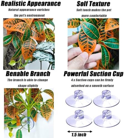 Woyrise 2 Pack Reptile Plants, Terrarium Hanging Plant Vines, Artificial Leaves with Suction Cup, Bearded Dragon Tank Accessories for Gecko Lizard Snake Frog Tortoise Decorations - Codiaeum Variegatum