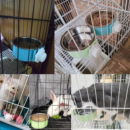 kathson Crate Dog Bowl, Removable Stainless Steel Hanging Pet Cage Bowl Food & Water Feeder Coop Cup for Cat, Puppy, Birds, Rats, Guinea Pigs (6 PCS, Size: M, 2×Blue,2×Green,2×Pink) (Pack of 2)