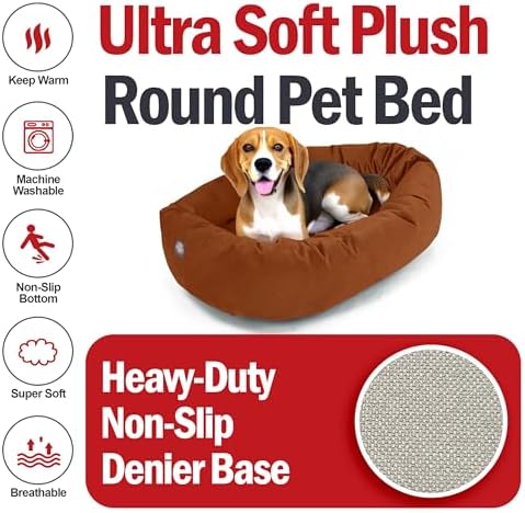 Majestic Pet 32 Inch Suede Calming Dog Bed Washable – Cozy Soft Round Dog Bed with Spine Support for Dogs to Rest Their Head - Fluffy Donut Dog Bed 32x23x7 (Inch) - Round Pet Bed Medium – Rust (2025)