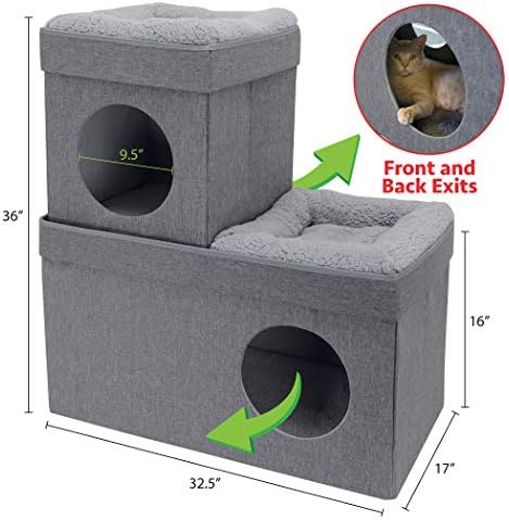 Kitty City Large Stackable Cat Condo & Cube House, Modular Indoor Cat Furniture with Plush Washable Beds, Collapsible Cat Cave & Lounging Ottoman, Grey