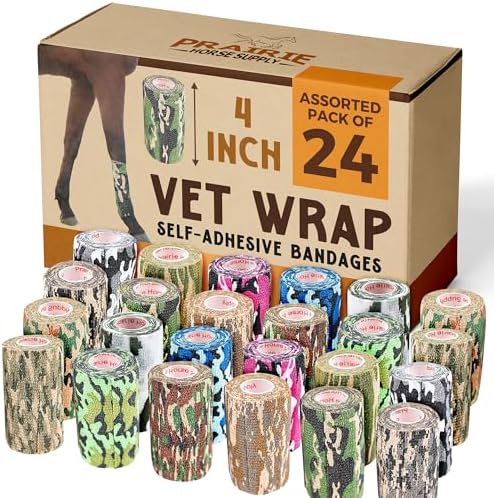 24 Pack Premium Vet Wrap - Self Adhesive Bandage Wrap & Athletic Tape - 4" x 5 Yards Elastic & Self-Sticking Cohesive Bandage for Pets, Sports, Wrists & Ankles - Assorted by Prairie Horse Supply