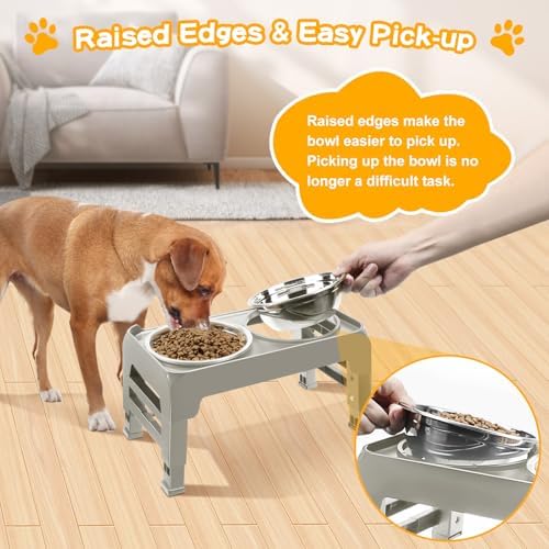 Elevated Dog Bowls for Small Dogs 3 Height Adjustable Raised Dog Bowl Stand with 25oz Stainless Steel Food Bowls Anti-Slip Small Dogs Feeder Adjusts to 7.5", 6", 2.75", Light Brownish Gray