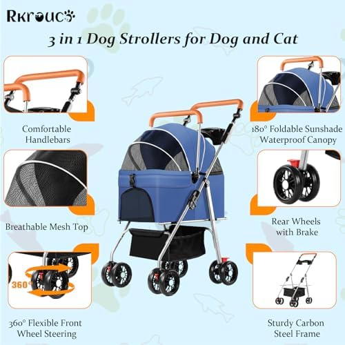 3 in 1 Pet Stroller for Dogs Cats Foldable Jogger with Detachable Carrier