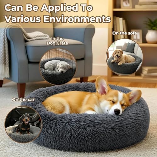 Calming Large Donut Dog and Cat Bed, Anti-Anxiety Round Soft Fluffy Plush Faux Fur Washable Anti-Slip Pet Bed for Medium Dogs Up to 35 lbs 28in Dark Gray