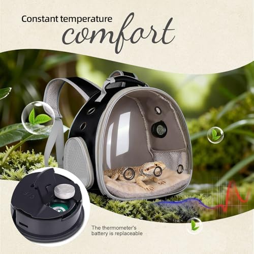Reptile Travel Backpack Carrier with Reptile Thermometer and Humidity Gauge & Harness Leash Lizard Travel Cage Space Capsule Clear Bubble Window Astronaut Bearded Dragon Bag for Ball Python
