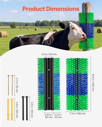 VEVOR Livestock Scratching Brush, 1PC Goat Scratcher Brush Post with 4 Screws, 16.9" x 7.5" Cow Scratcher for Back Itch Relief, Massage Grooming Scratch Tool for Horse Cattle Sheep Pig, Green & Blue