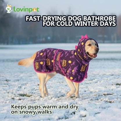 LovinPet 3-in-1 Dog Warm Winter Coat & Bathrobe, Purple Dinosaur Fleece, M