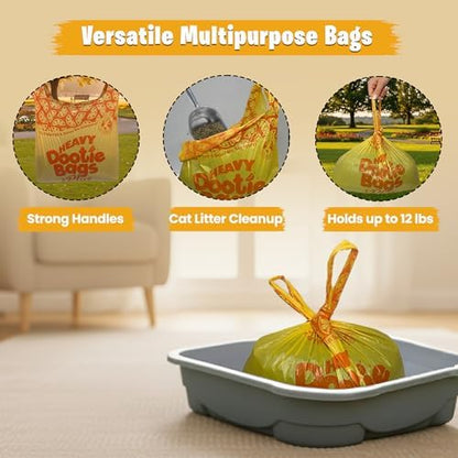 HEAVY Dootie Bags +Plus a Hint of Citrus Scent with EZ Tie Handles. For Pet Dog Poop, Cat Litter. Multi-Use. Fits Swivel Bin and Gogo Stik Scoopers. Made with Cornstarch. Strong, Leakproof, Very Large