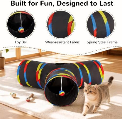 Tempcore Cat Tunnel, 3-Way Collapsible Toy for Indoor Cats, Black & Rainbow