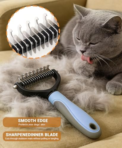Double Sided Dematting Comb for Dogs & Cats - 2-in-1 Undercoat Rake & Double Coat Dog Brush, Pet Grooming Tool for Removing Mats & Deshedding (Blue)