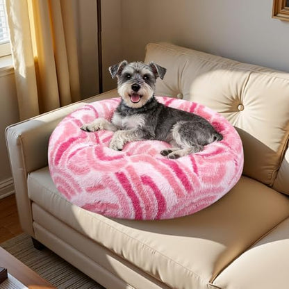 Calming Donut Dog Bed for Small Dogs, Fluffy Round Sofa Burrow Bed, Orthopedic Waterproof Anti-Anxiety Pet Beds with Supportive Edge, Washable Soft Plush Cat Beds with Non-Slip Bottom