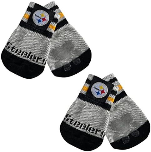 NFL Pittsburgh Steelers Anti Slip Dog Socks with Elastic Ribbed Top, Size X-Small/Small. Indoor/Outdoor Socks, Best Dog Paw Protector, 2 Pairs, Cool Puppy Supplies with NFL Logo of Steelers Team
