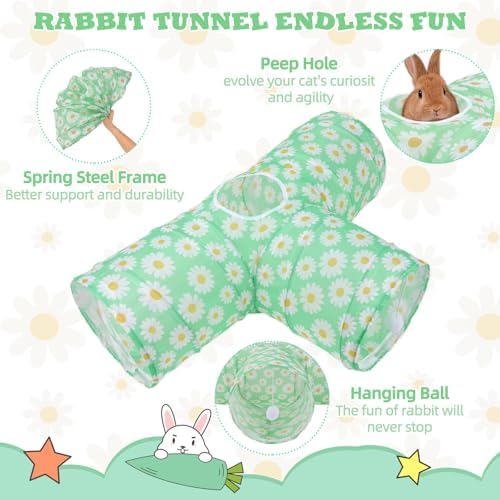 BWOGUE Bunny Tunnels & Tubes, 3-Way Collapsible Rabbit Hideout for Bunnies