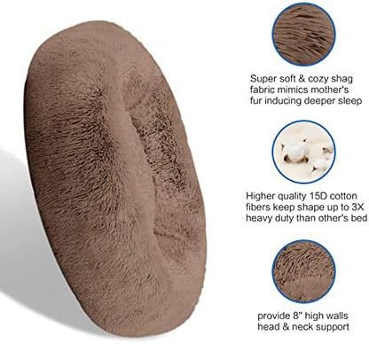 SAVFOX 36 inches Calming Donut Dog Bed - 3X Durable Plush Faux Fur, Machine Washable & Non-Slip, Fits up to 100 lbs, Brown
