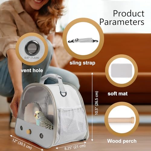 Bird Carrier, Portable Small Bird Parrot Parakeet Carrier with Standing Perch and Mat, Side Access Window Collapsible (Grey, Clear Windows)