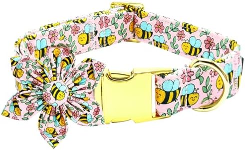 Dog Collar with Flower-Cute Bee Adjustable Pet Collar Soft Pink Flower Spring Cotton Puppy Collar Metal Buckle for Small Dogs