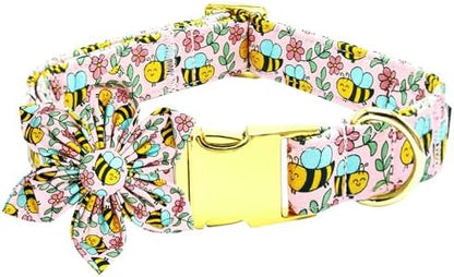 Dog Collar with Flower-Cute Bee Adjustable Pet Collar Soft Pink Flower Spring Cotton Puppy Collar Metal Buckle for Large Dogs
