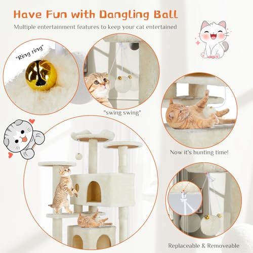 Sweetcrispy 54-Inch Cat Tree Tower – Multi-Level with Sisal Scratching Post, Perfect Pet Gift, Indoor Condo with Climbing Ladder, Plush Toy, and More Animal Stuff, Beige