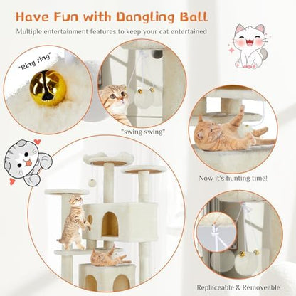 Sweetcrispy 54-Inch Cat Tree Tower – Multi-Level with Sisal Scratching Post, Perfect Pet Gift, Indoor Condo with Climbing Ladder, Plush Toy, and More Animal Stuff, Beige