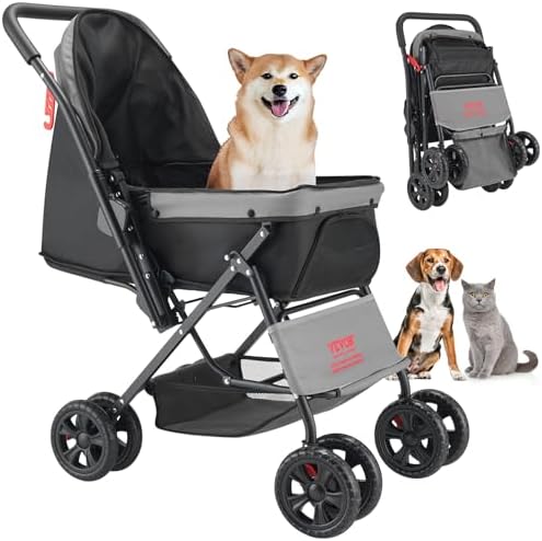 VEVOR Pet Stroller, 44 lbs Weight Capacity, Foldable Dog Cart, 4 Wheels Cats Stroller with Mesh Windows & Revrsible Handle, Portable Pet Carrier with Brake, for Small to Medium Pets
