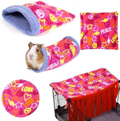 NAPLORD Small Pet Fleece Set,Guinea Pig Snuggle Sack, Tunnel,Fleece Forest Hideout,Square and Round Potty Pads for Guinea Pigs and More