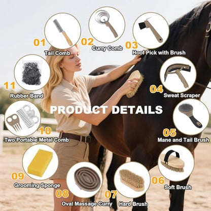Uross Horse Grooming Kit 15PCS - Horse Brush Set with Organizer Tote Bag Care Cleaning Kit with Brush & Comb, Professional Equine Coat Care Gifts for Horseriders Beginner