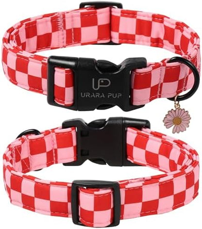 Red and Pink Plaid Dog Collarwith Bow Tie– Adjustable Red & Pink Checkered Dog Collar for Small Medium Large Dogs, Soft Xmas Plaid Puppy Collars with Quick Release Buckle M
