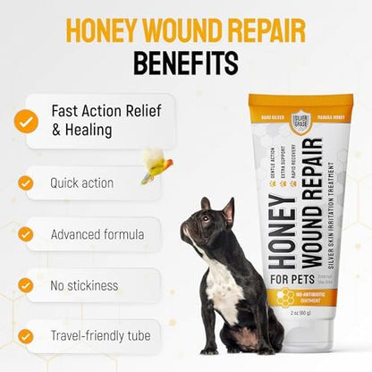 SILVER GRADE Dog Wound Care with Manuka Honey & Colloidal Silver for Scratches & Skin Irritations – Cat & Dog Hot Spot Treatment Gel Works as Honey Rapid Wound Repair for Horses – for All Pets – 2-Oz