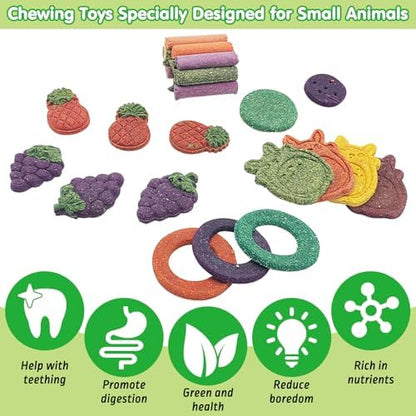 Fhiny 27 PCS Rabbit Chew Toys for Teeth, Natural Bunny Treats，Chinchillas Snack Food Small Animal Molar Toys for Guinea Pigs Mice Gerbils Made of Timothy Grass Pumpkin Beets Purple Potatoes Carrot