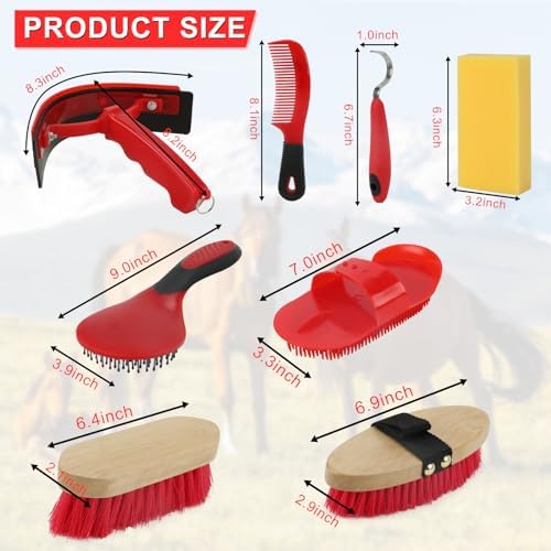 Horse Grooming Kit, 9-Piece Horse Brush Set with Tote Bag, Red