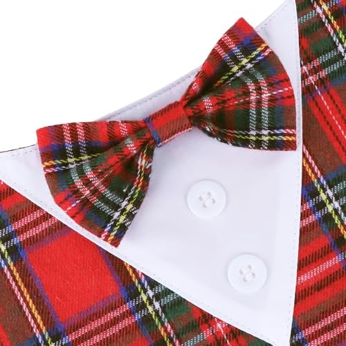 ADOGGYGO Christmas Dog Tuxedo Bandana, Red Plaid Pet Chritstmas Collar with Bowtie, Adjustable Christmas Costume for Medium Dogs Pets (M)