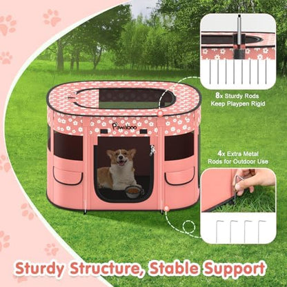 Pawaboo Portable Dog Playpen, 600D Oxford Pet Tent, Light Pink Flowers