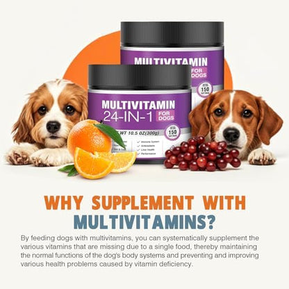 24-in-1 Dog Vitamins and Supplements 300 Ct Dogs Multivitamin Chewable Contain Chondroitin Probiotics Omega-3 Glucosamine for Dogs Skin Coat Heart Joint Gut Liver Brain Immune Support - Peanut Butter