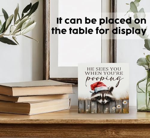 Christmas Raccoon Home Bathroom Decor Sign - Farmhouse Western Christmas Animal Bathroom Decor,Rustic Farm Animal He Sees You When You're Pooping Signs,Raccoon Gifts for Women