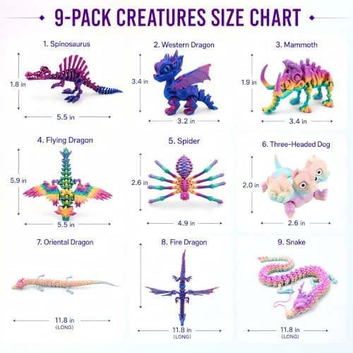 9PCS 3D Printed Animals Dragon Snake Spider Mammoth Dog Set Kids Toys Gifts