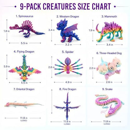 9PCS 3D Printed Animals Dragon Snake Spider Mammoth Dog Set Kids Toys Gifts