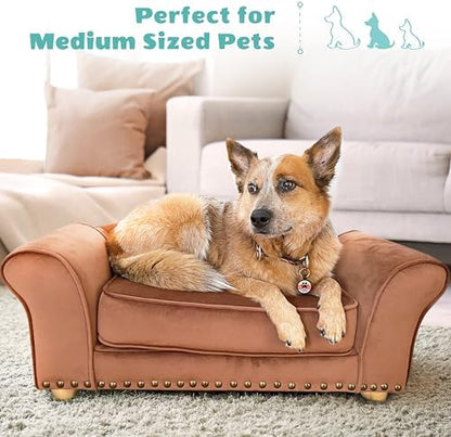 Critter Sitters 34-in. Faux Velvet Sofa in Brown for Medium-Sized Dogs and Cats, Durable and Stylish Dog Bed for Bedroom and Living Room