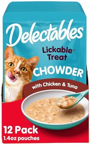 Delectables Lickable Treat Chowder Wet Cat Treat with Real Tuna & Chicken, Food Topper, Hydrating, Grain-Free, No Fillers, By-Products, Added Preservatives, 1.4oz Pouch, 12ct