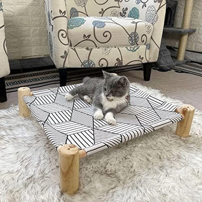 Pozico Cat/Dog Bed Hammock - Wooden Raised Indoor/Outdoor Beds - Breathable Mesh for Small Animals - White Diamond