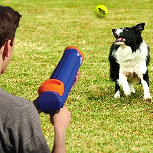 Nerf Dog Compact Tennis Ball Blaster Dog Toy, Great for Fetch, Hands-Free Reload, Launches up to 50 ft, Single Unit, Includes 3 Nerf Balls & Bag, Blue/Orange, Model: 5205